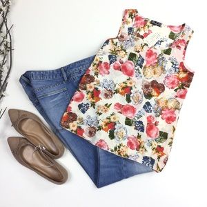 White Pink Red Floral Sleeveless Sheer Tank Top